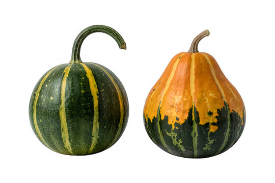 Two green and yellow striped pumpkins on white background transparent background