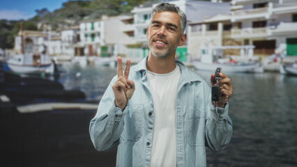 Fototapeta premium Man holding car keys and showing two finger peace sign by a marina building with boats and water; new owner joy.
