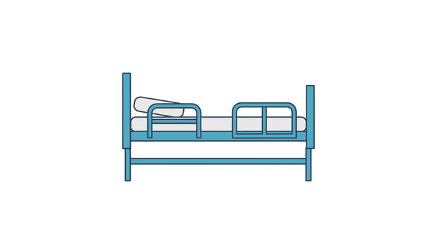 Simple graphic illustration of a blue hospital bed with safety rails and a pillow