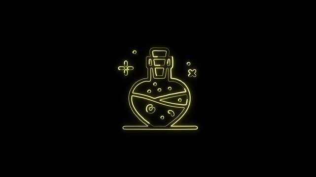 Glowing magic potion bottle icon with bubbling liquid. Fantasy alchemy symbol isolated on transparent background