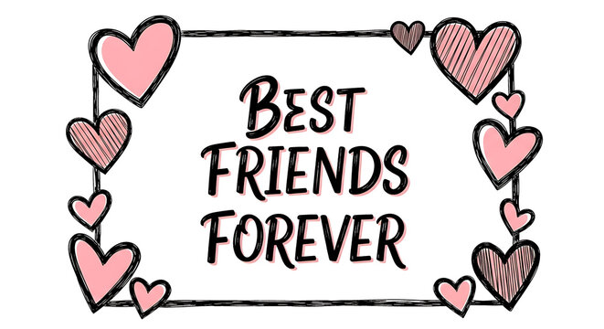 Best friends forever text with a cute hand drawn pink heart border frame for greeting cards and romantic designs