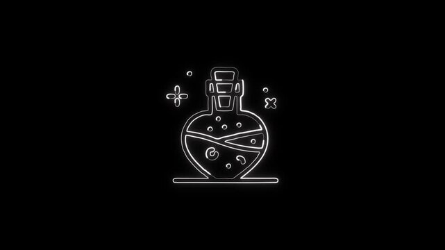 Glowing magic potion bottle icon with bubbling liquid. Fantasy alchemy symbol isolated on transparent background