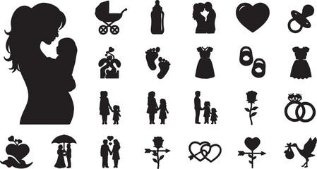 Fototapeta premium Collection of silhouette icons related to family pregnancy love with family life child care silhouette pregnancy stroller footprints children umbrella motherhood parenthood
