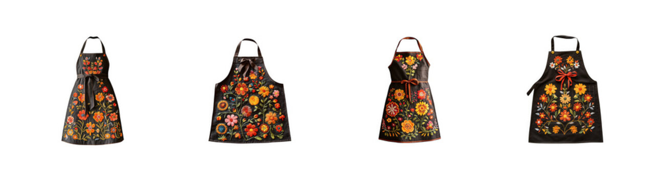 Set of four culinary cooking aprons with floral patterns as clean cutout isolated on transparent background