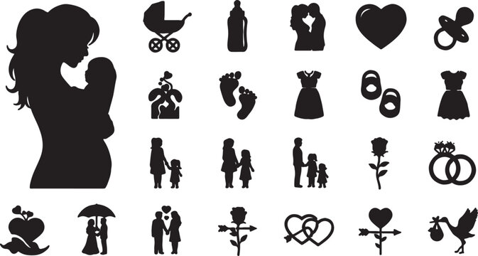 Collection of silhouette icons related to family pregnancy love with family life child care silhouette pregnancy stroller footprints children umbrella motherhood parenthood