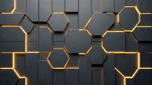 Abstract dark geometric wall pattern featuring illuminated glowing orange edges and various hexagonal tile shapes.