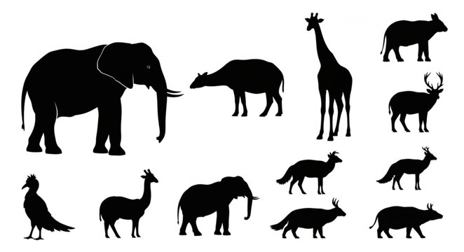 Collection of African Wildlife Silhouettes on White Background.