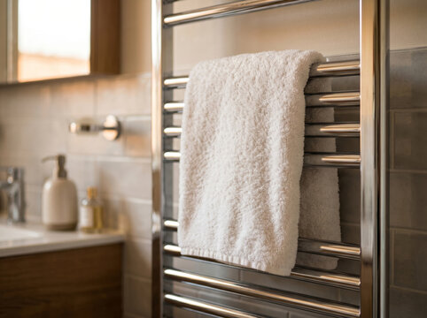 Heated towel radiator in modern luxury bathroom