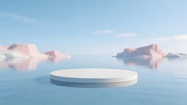 Icebergs and floating platform in calm water