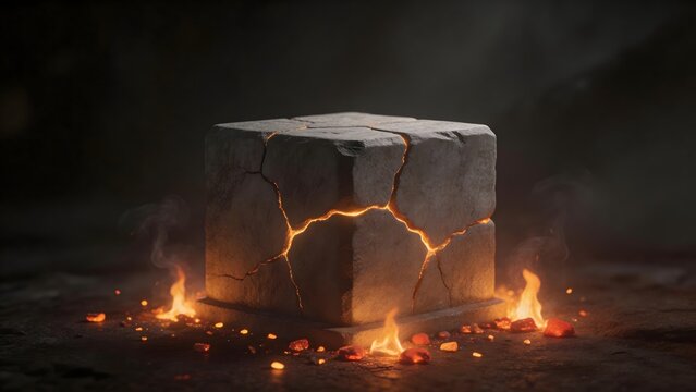 Stone cube with glowing cracks
