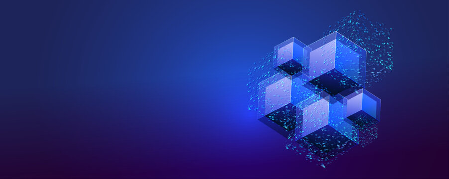 AI isometric blockchain connected concept. Blue block btc design. Transparent cubes with binary code big data design. Ai chain technology banner. Science and business processing.