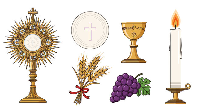 Religious eucharist symbols monstrance, chalice, host, wheat, grapes transparent background
