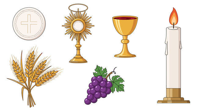 Christian eucharist symbols set with host, monstrance, chalice and candle transparent background