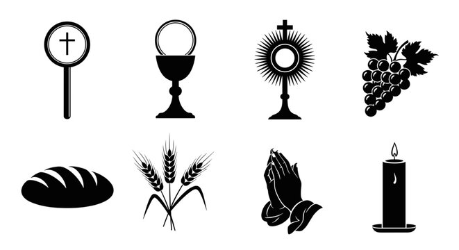 Set of christian religious symbols and icons for eucharist and prayer transparent background