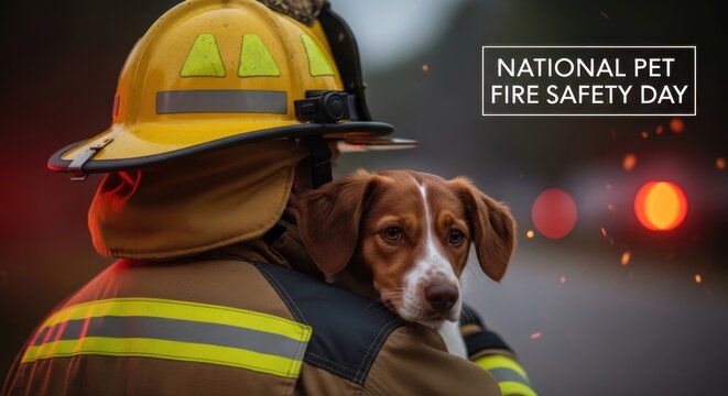 firefighter with dog on national pet fire safety day in urban night setting