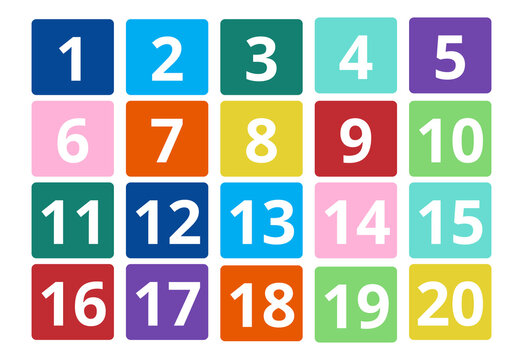 COLORFUL NUMBER CARDS 1-20 GRID. EDUCATIONAL MATH RESOURCE WITH ROUNDED SQUARE TILES IN VARIOUS BRIGHT COLORS. VECTOR SET FOR TEACHING COUNTING AND NUMERACY.