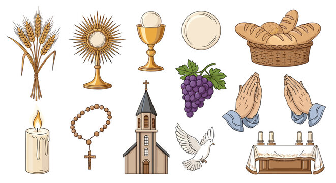 Christian religious symbols and icons set for eucharist and church service transparent background