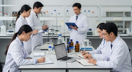 Fototapeta premium Asian Scientists Collaborating in Modern Laboratory Meeting, Discussing Research Results