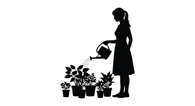 woman watering plants silhouette on white background