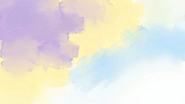 Soft pastel watercolor background with wash of purple yellow and blue shades on white paper texture surface.