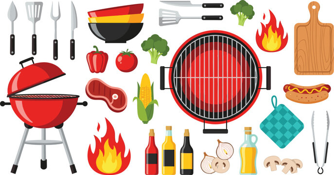 Barbecue Grill Equipment and Food Collection Featuring BBQ Tools, Meat, Vegetables, Sauces, and Fire Elements in Flat Design Style for Cooking and Food Illustration.