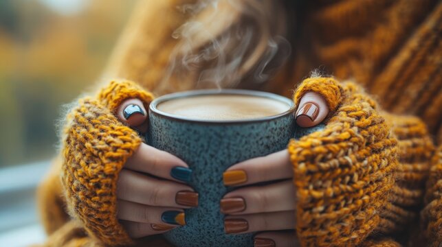 Warm drink in cozy knit gloves on a chilly day.
