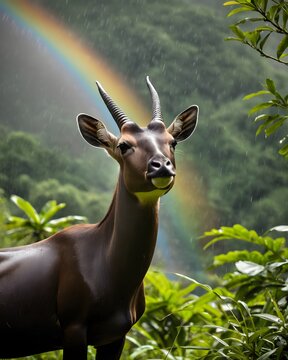 A saola   Asian unicorn   in a sunlit valley overlook near a rainbow