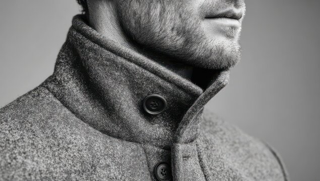 Dapper Profile in Monochrome: A man in a sophisticated coat poses with poised elegance, his style radiates an air of classic charm and subtle sophistication.