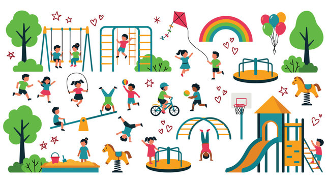 Children playing on playground set with various outdoor equipment.