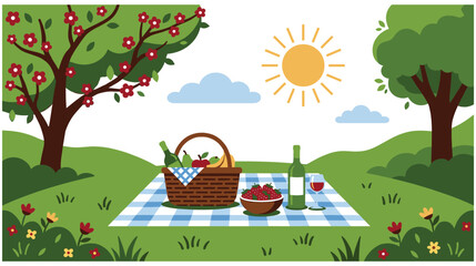 Fototapeta premium Picnic blanket with food basket and wine under a sunny tree.