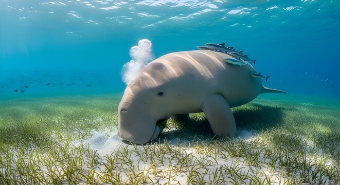Peaceful Wide Angle Underwater Seagrass Meadow Red Sea Large Dugong Sea Cow Grazing Flexible Muzzle Submerged Sandy Substrate Plowing Trail Sand Cloud

