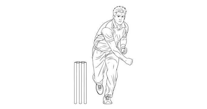 Cricket Bowler Action Pose Continuous Line Art Sports Illustration