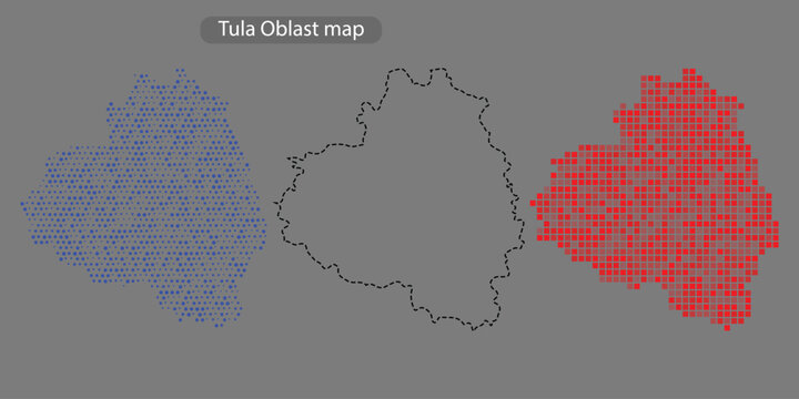 Tula oblast map in blue and red pixel mosaic on gray background with black outline