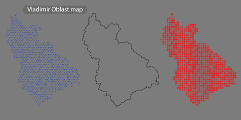 Fototapeta premium Vladimir oblast map with blue and red pixelated areas on gray background