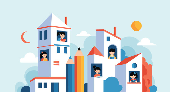 Creative illustration of children reading books inside house-shaped buildings that look like colorful pencils and pencils.