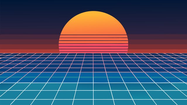 Classic 80s retro-futuristic landscape with a glowing sun and neon grid. Perfect for vaporwave aesthetic, nostalgic music covers, gaming backgrounds, and synth wave design themes.