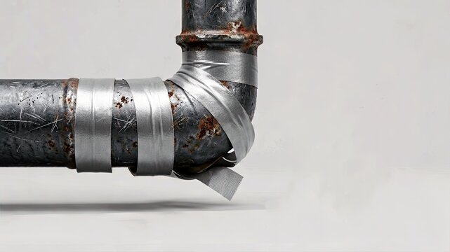 Leaking rusty metal pipe repaired with silver duct tape showing drops of water on light grey studio backdrop.