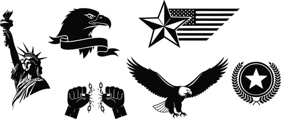 Collection of american themed graphics featuring eagle statue of liberty and stars vector. © MDRAYHAN