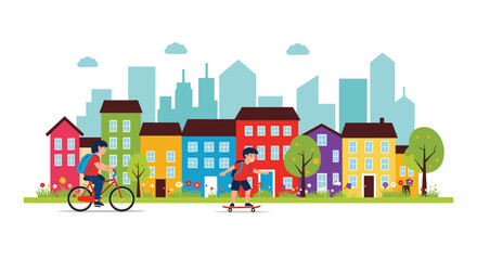 Fototapeta premium Colorful city street with children riding bicycle and skateboard in front of houses and distant tall skyscrapers.