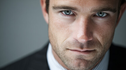 Fototapeta premium Sad businessman with blank stare and intense blue eyes in close-up portrait against a plain dark background 