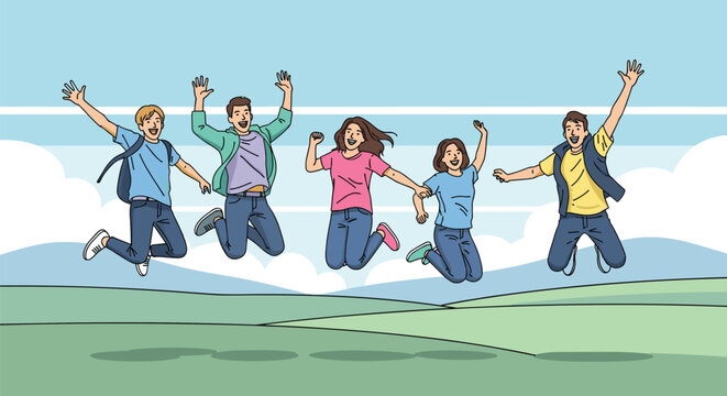 Group of five young diverse friends jumping high with joy in open green field under a bright and clear blue sky.