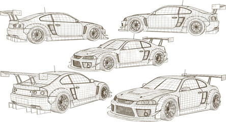 Sports Racing Car Wireframe Illustration Set with Multiple Perspective Views High Performance Motorsport Vehicle Vector Collection © Bappi