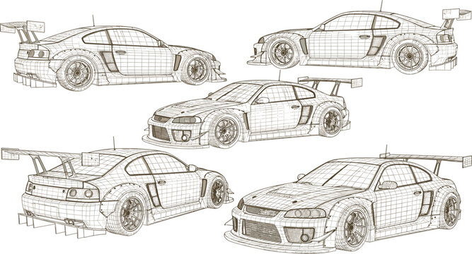 Sports Racing Car Wireframe Illustration Set with Multiple Perspective Views High Performance Motorsport Vehicle Vector Collection