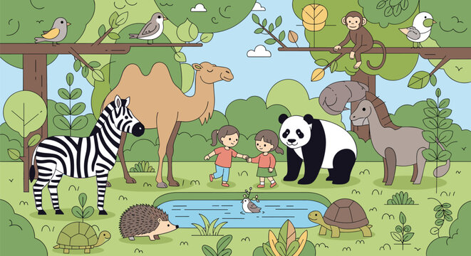 Group of happy children enjoying a fun day at the zoo surrounded by many exotic animals in a lush green environment.