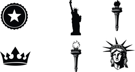 Set of patriotic american theme symbols featuring statue of liberty eagle and star vector. © MDRAYHAN