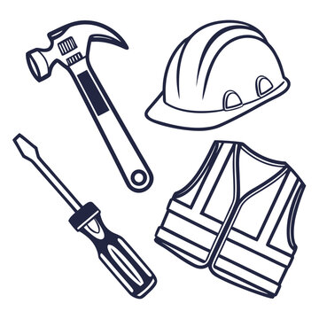 Construction tools icon set including a hammer safety helmet screwdriver reflective work vest for professional builders with hard hat