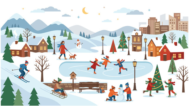 Winter landscape scene with people skating and children playing in the snow.