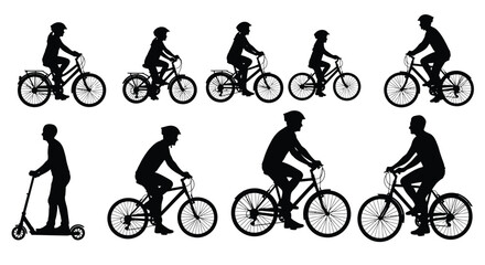 Fototapeta premium cyclists riding bicycles and scooter silhouette high quality professional detailed modern
