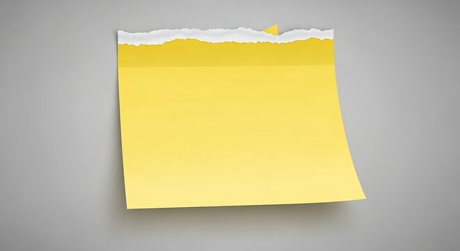 Yellow sticky note with torn top edge, realistic paper sheet for reminders or messages, blank adhesive memo pad isolated on a grey background