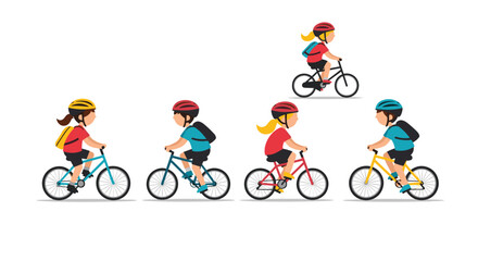 Naklejka premium Row of young children wearing safety helmets and backpacks riding their bicycles together on a white background.